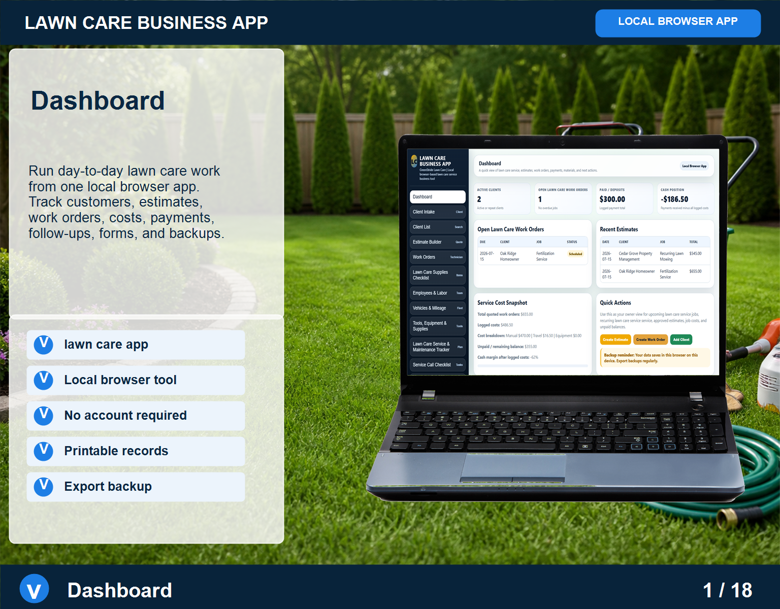 Lawn Care business app Lawn Care screen for service workflow management
